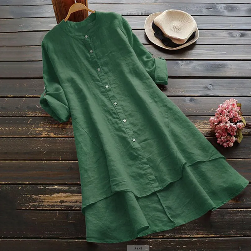 Vintage Button Cotton Linen Midi Dress