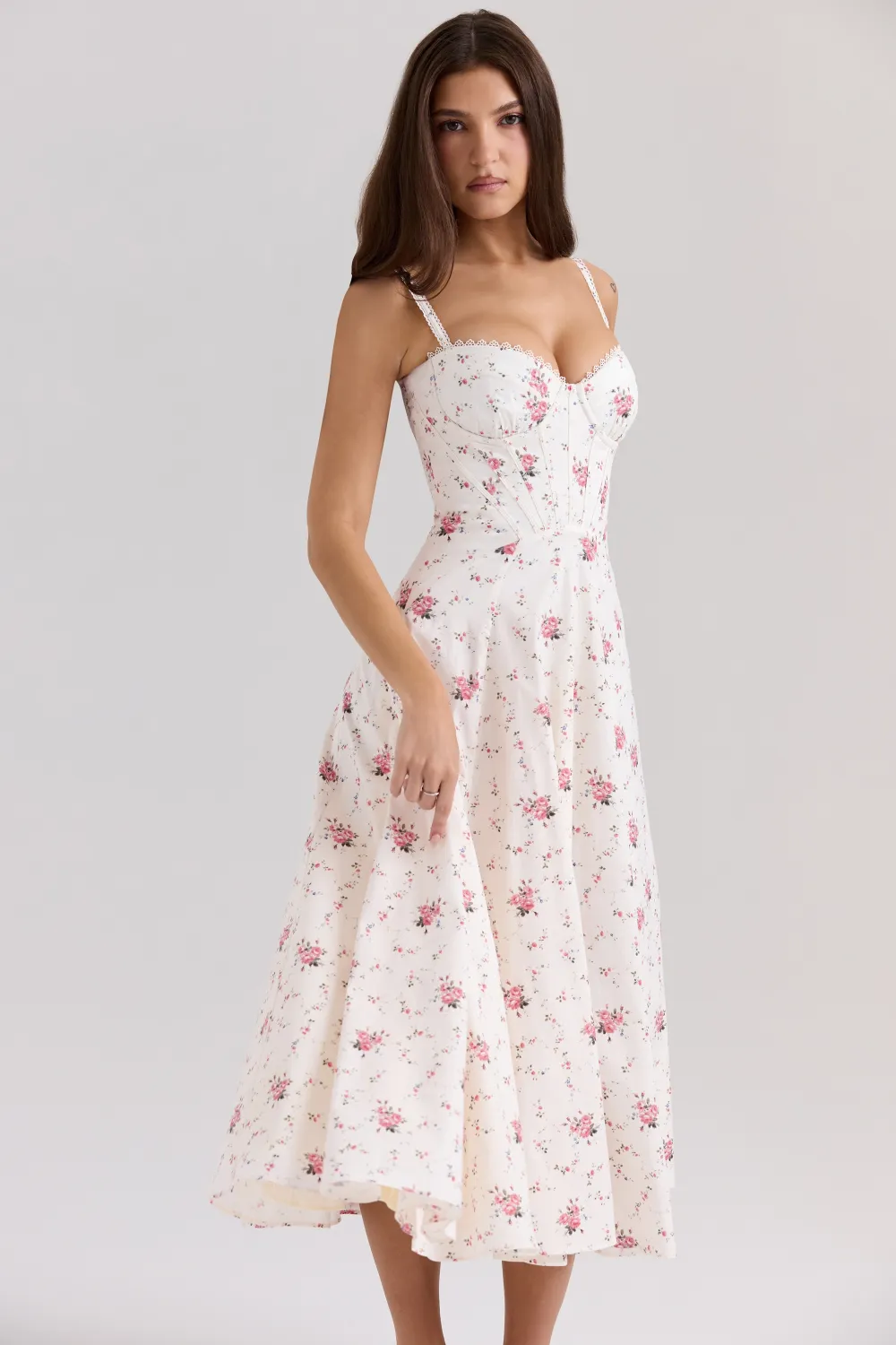 Cream Stretch Cotton Floral Print Midi Sundress