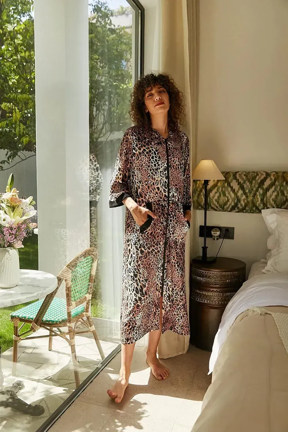 Women Zipper Robe 3/4 Sleeves Loungewear Dress Full Length Sleepwear Pockets Housecoat Nightgown Long Bathrobe