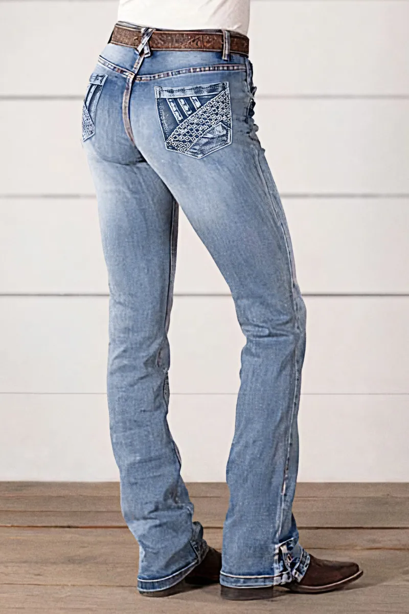 Embroidered Pocket Buttoned Hem Mid Waist Bootcut Jeans Without Belt