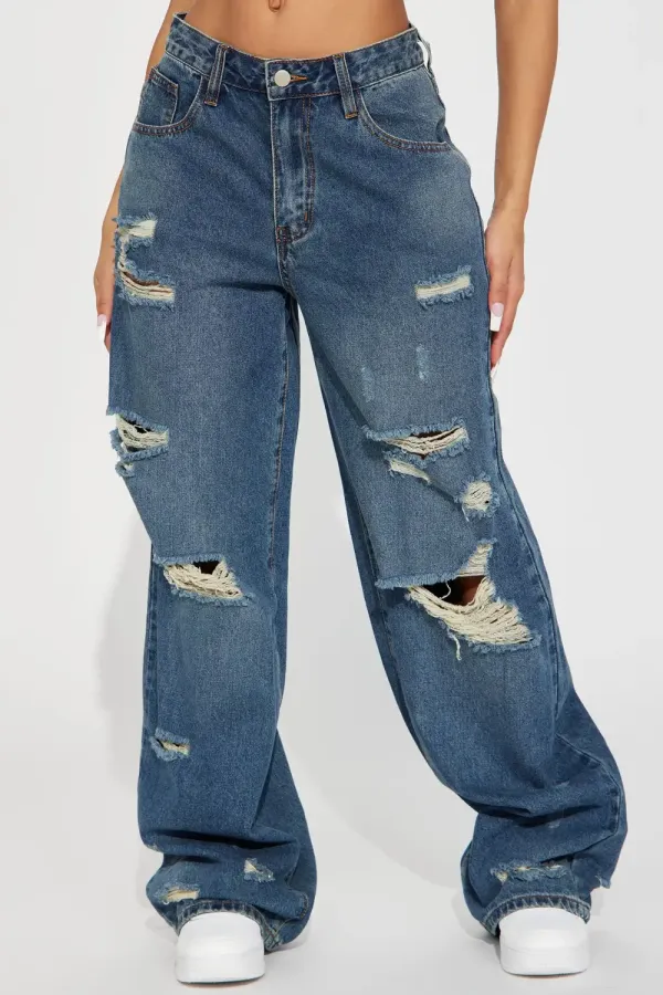 No Regrets Ripped Baggy Wide Leg Jean - Medium Wash