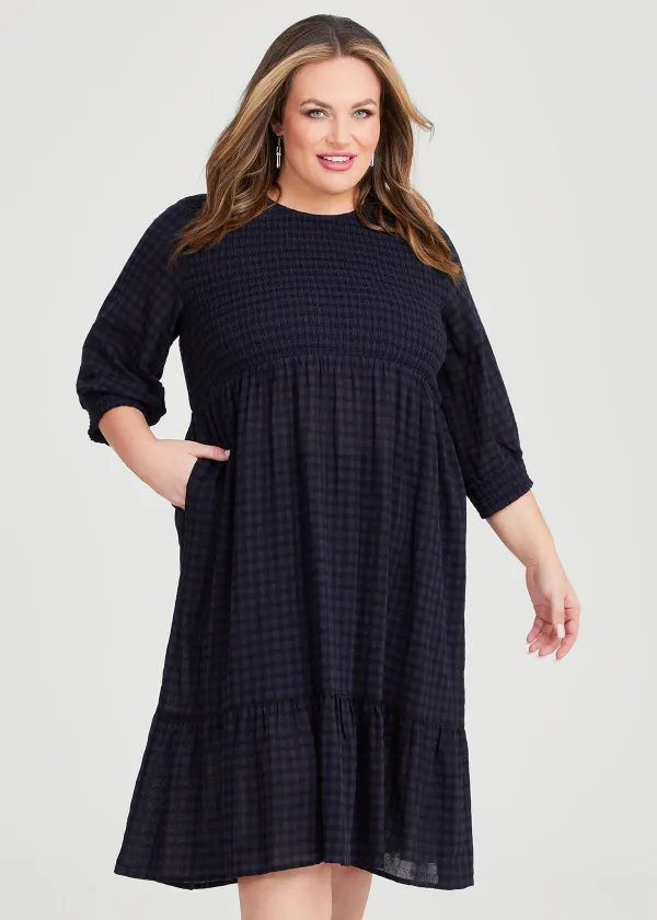 Cotton Gingham Shirred Dress