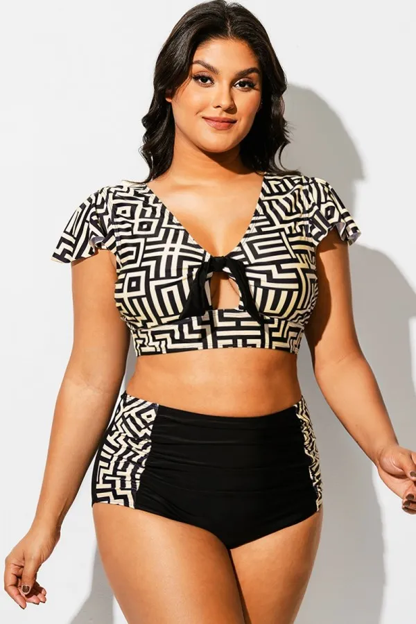 Geometric Print Retro Women Bikini Top With Sleeves