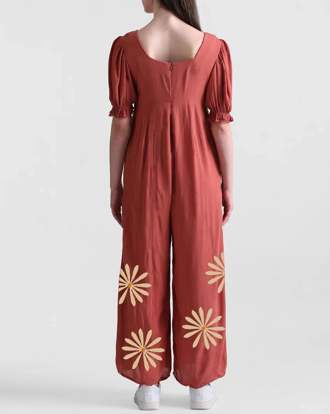 Rust Red Puff Sleeve Daisy Print Jumpsuit