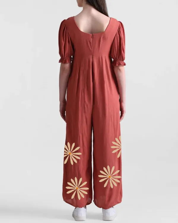 Rust Red Puff Sleeve Daisy Print Jumpsuit