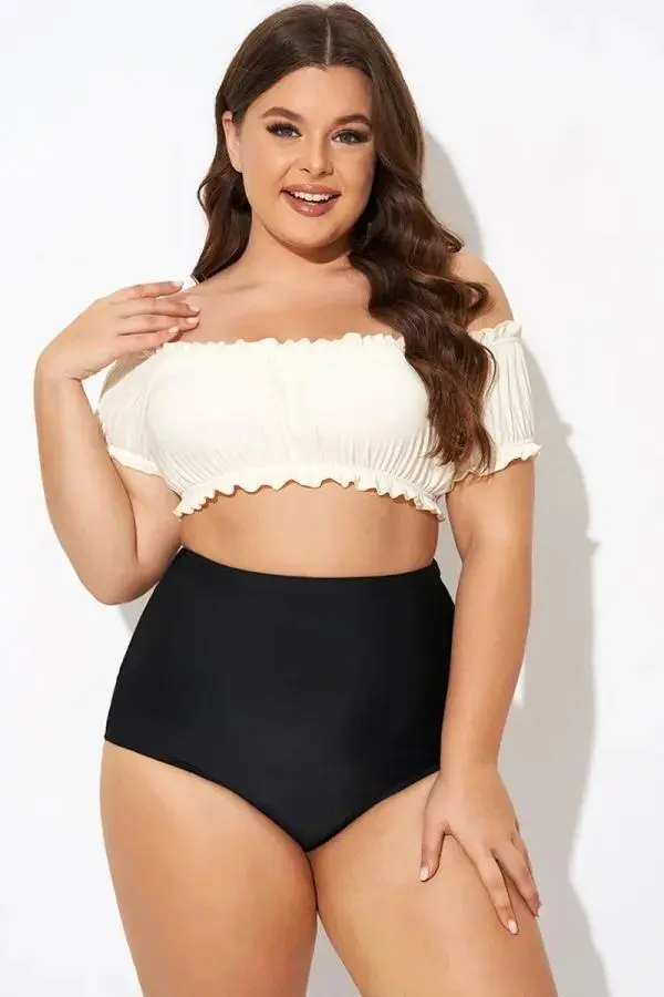 Retro White Ruffles Bardot Sleeves Bikini Top