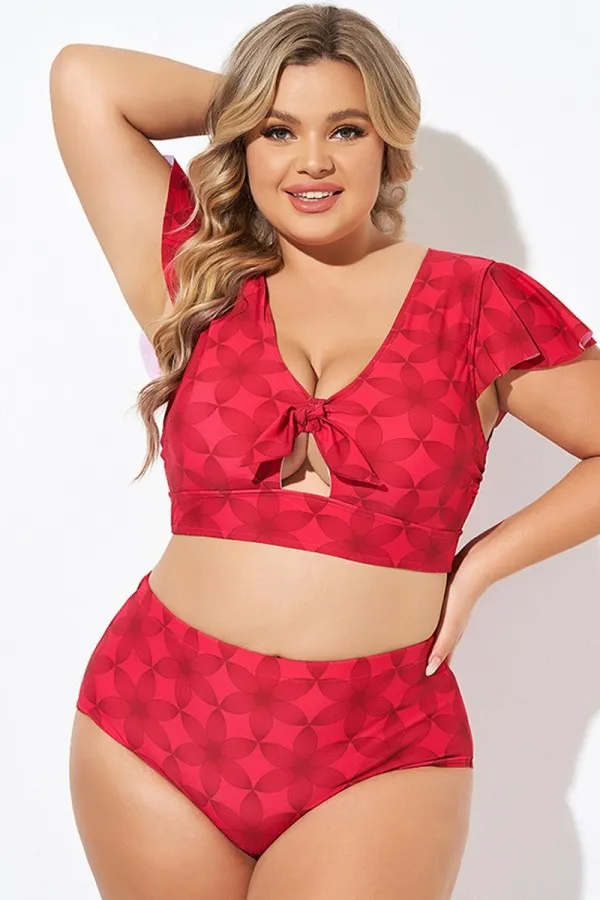 Red Geometric Interwoven Print Bikini Top