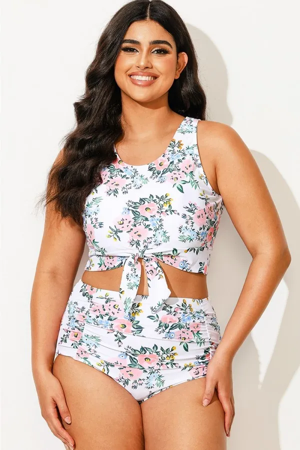 Plus Size Floral Print Knotted Crop Bikini Top