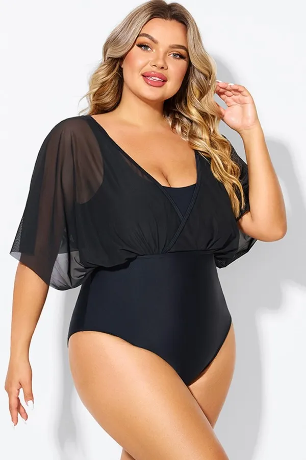 Solid Black Mesh Patchwork One Piece Swimsuit