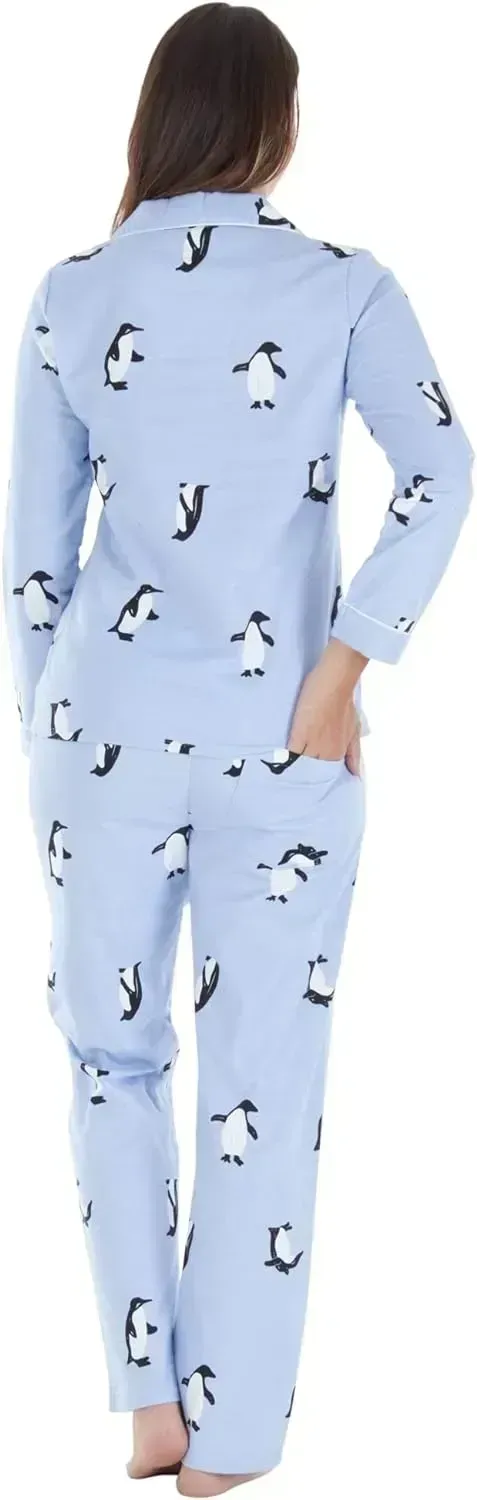 Women's Cotton Flannel Long Sleeve Button-Down Pajamas PJ Set