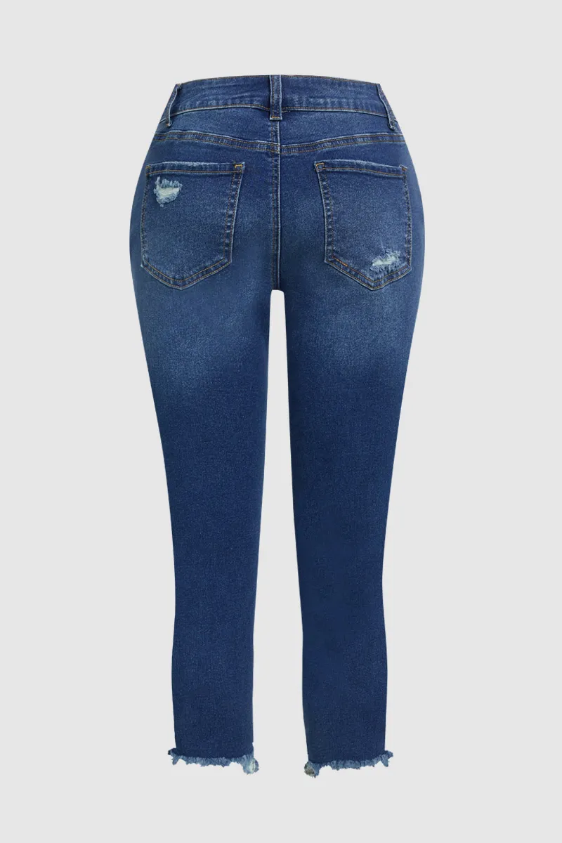 Cut Out Stitch Detail Raw Hem Mid Waist Capri Jeans
