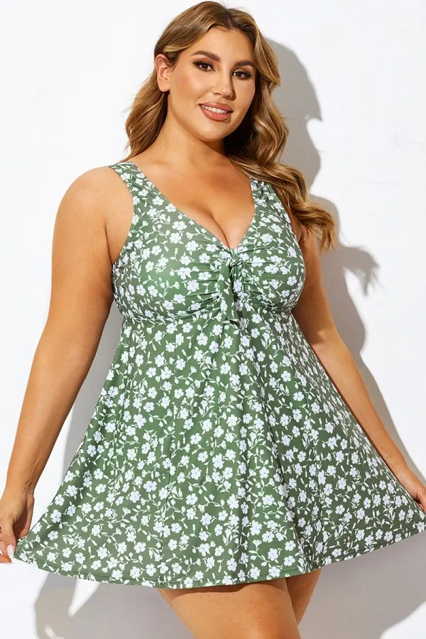 Mint Floral Ruched A-Line Empire Waist Swimdress