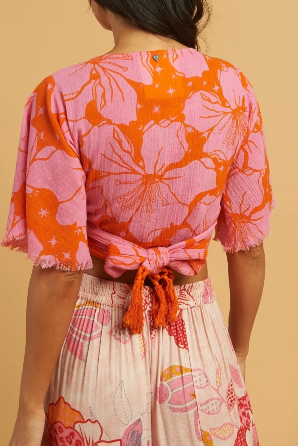 Pink And Orange Floral Print Knot Front Crop Top