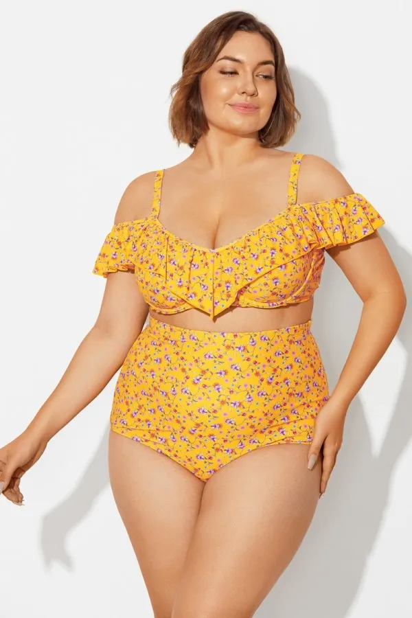 Yellow Floral Ruffled Underwire Women Bikini Top