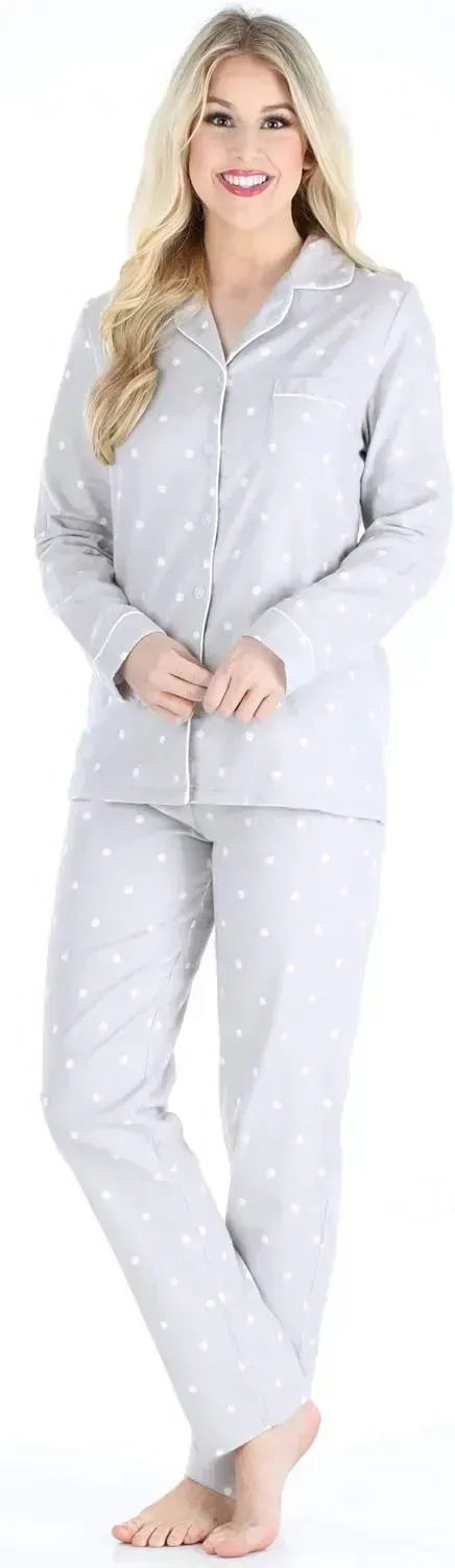 Women's Cotton Flannel Long Sleeve Button-Down Pajamas PJ Set