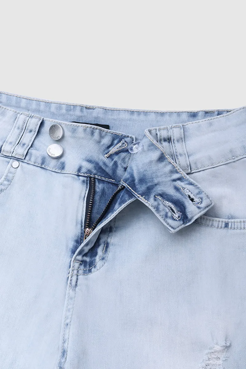 Double Button Ripped Roll Hem Mid Waist Capri Jeans