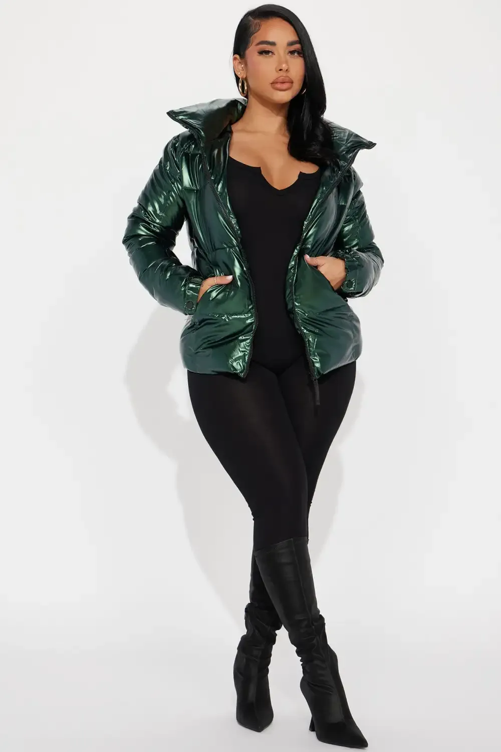 I Need Space Metallic Puffer Jacket - Green