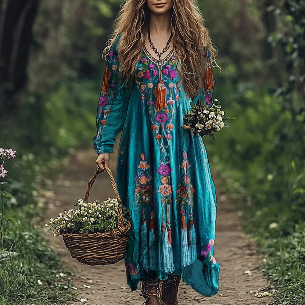 Boho Ethnic Floral Embroidered Tassels Linen Blend Maxi Dress