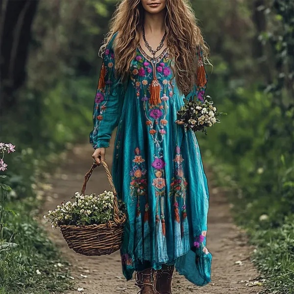 Boho Ethnic Floral Embroidered Tassels Linen Blend Maxi Dress