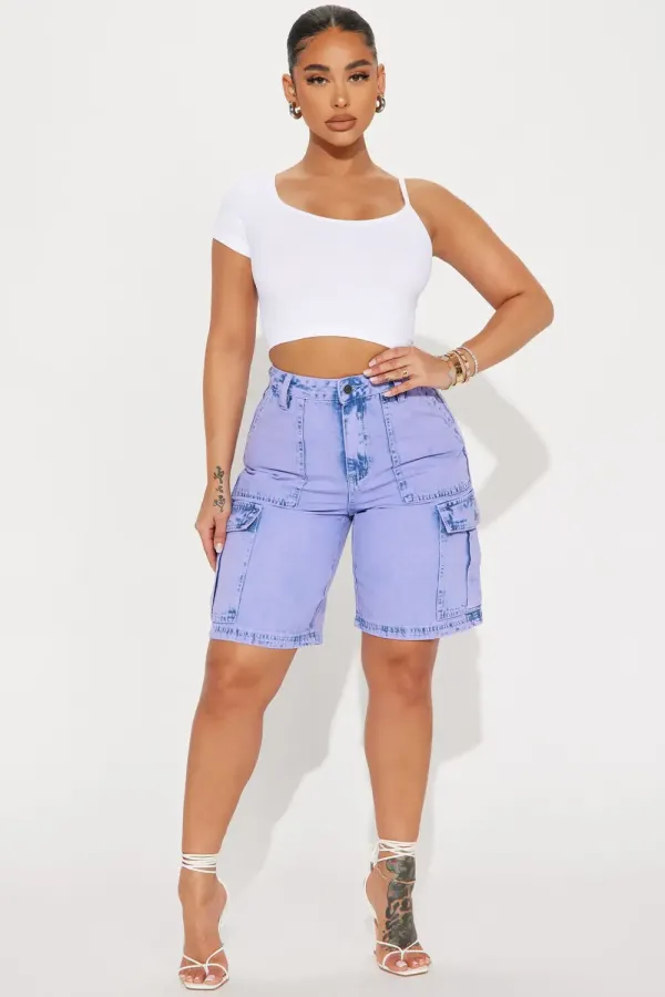 One More Time Non Stretch Cargo Denim Shorts - Purple