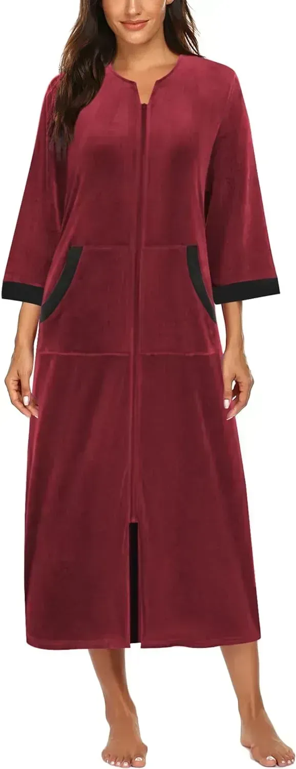 Women Zipper Robe 3/4 Sleeves Loungewear Dress Full Length Sleepwear Pockets Housecoat Nightgown Long Bathrobe