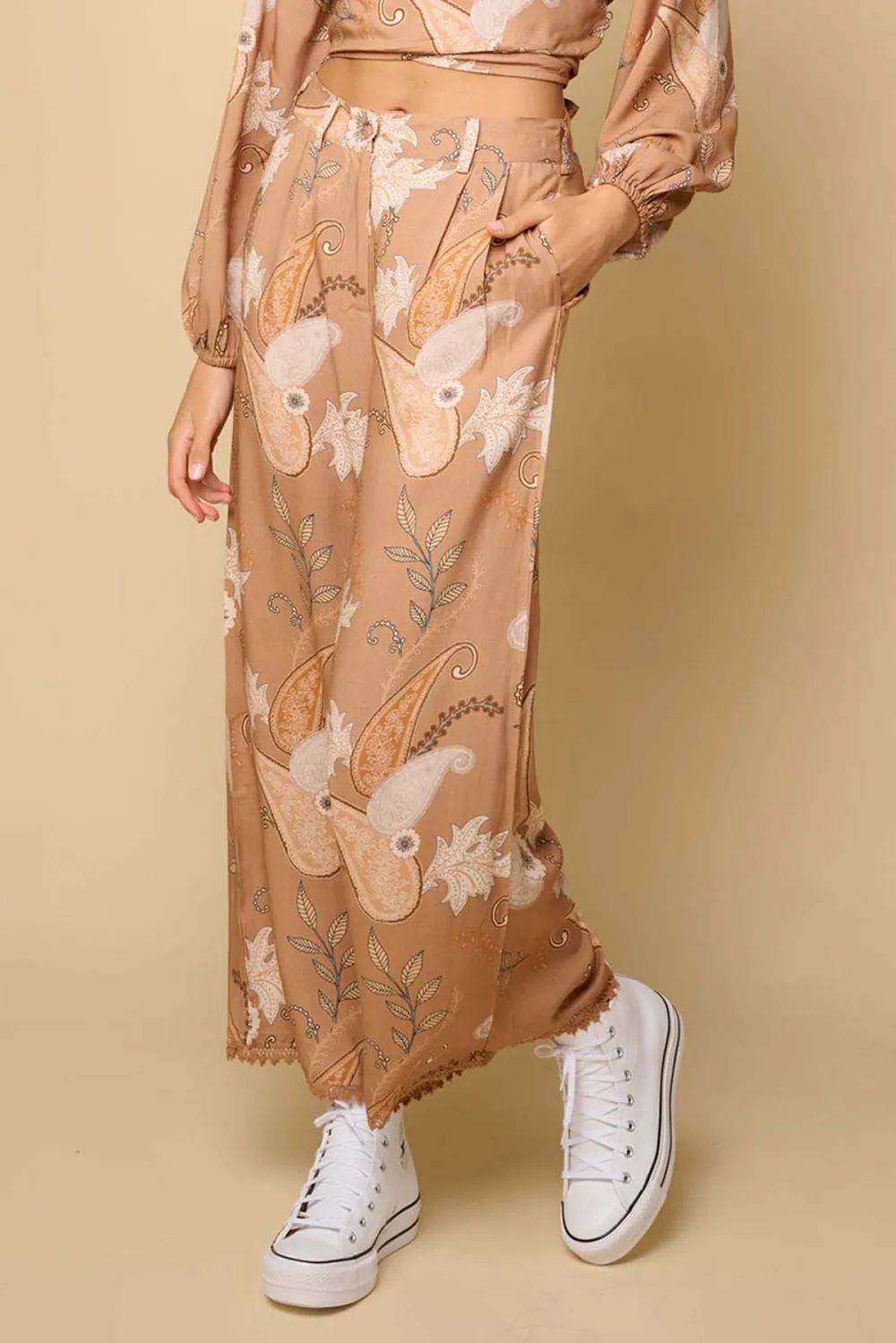 Tan Print Crop Top And Pants Set