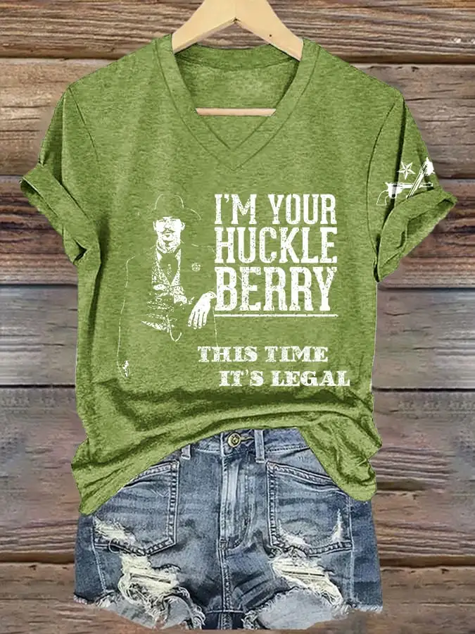 V-Neck Retro I'm Your Huckleberry This Time It's Legal Print T-Shirt