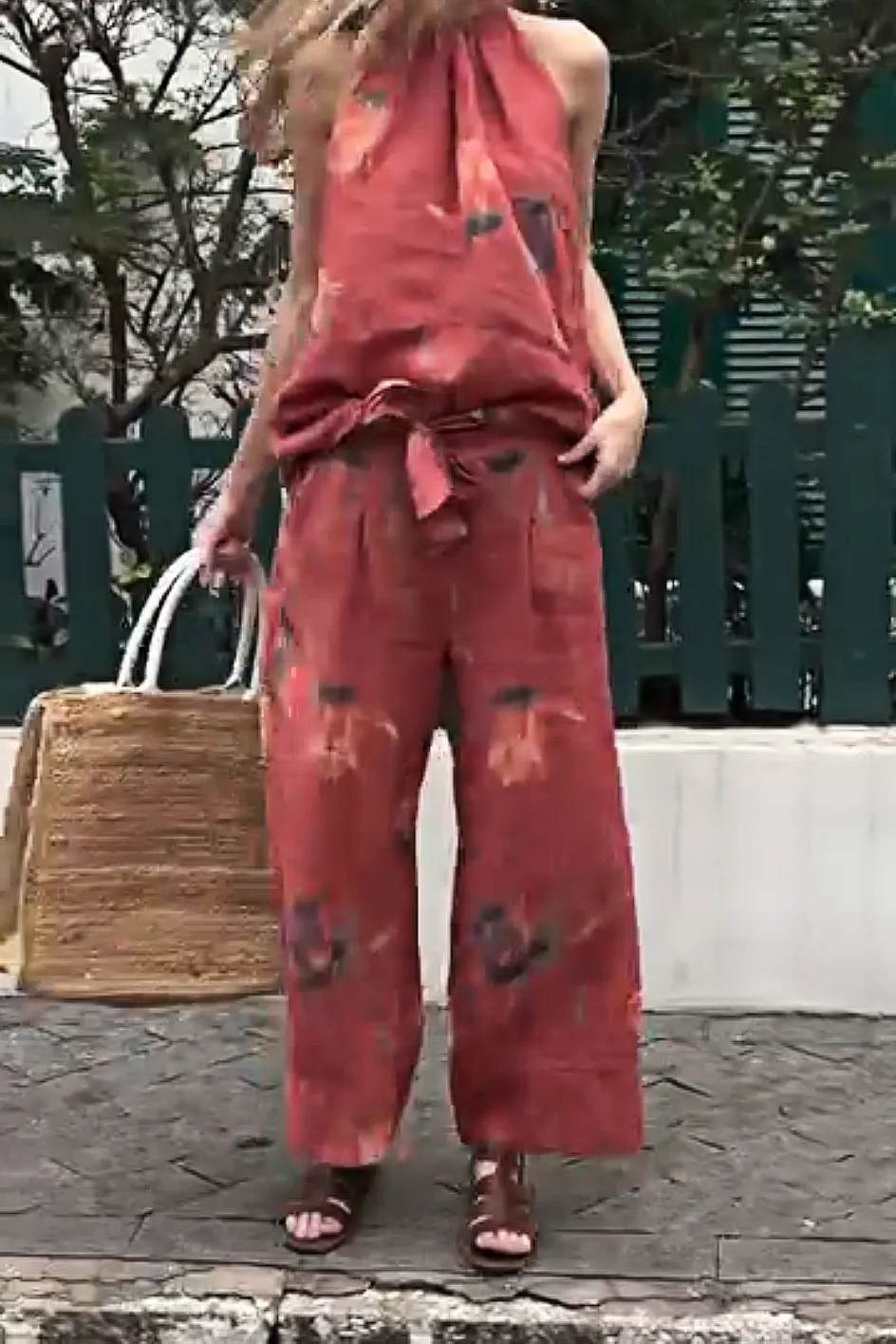 Women'S Printed Cotton And Linen Halter Neck Top And Pants Two-Piece Set