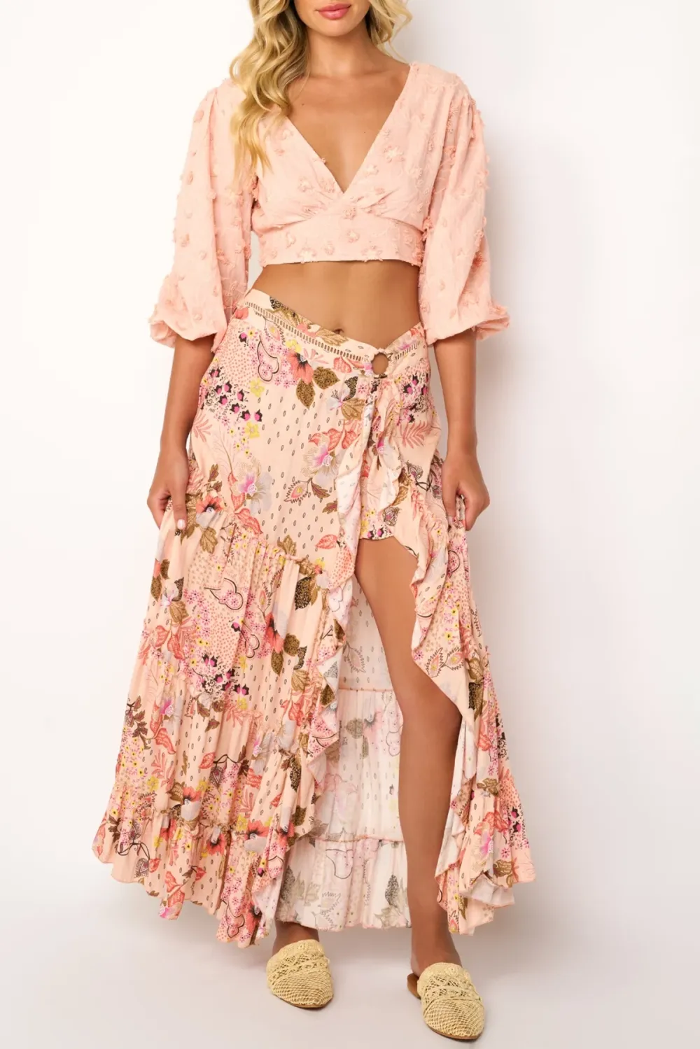 Pink And White Floral Print Ruffled Maxi Skirt