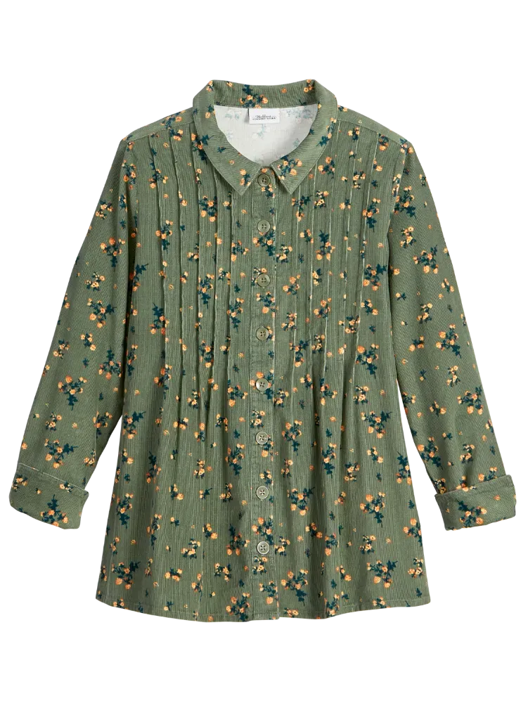 Women's Pintucked Floral Corduroy Tunic Top
