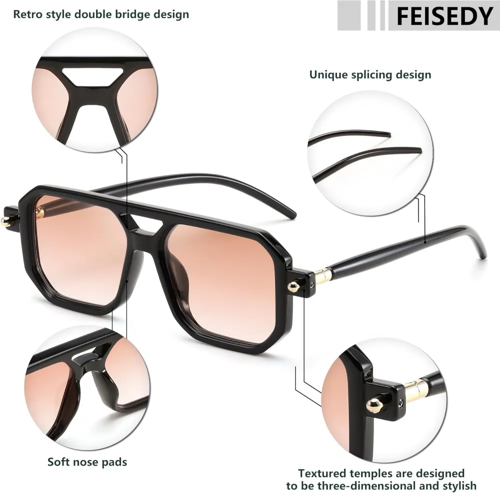 FEISEDY Vintage Square 70s Flat Aviator Sunglasses Women Men Classic Retro Stylish Frame UV400 Sunglasses B2622