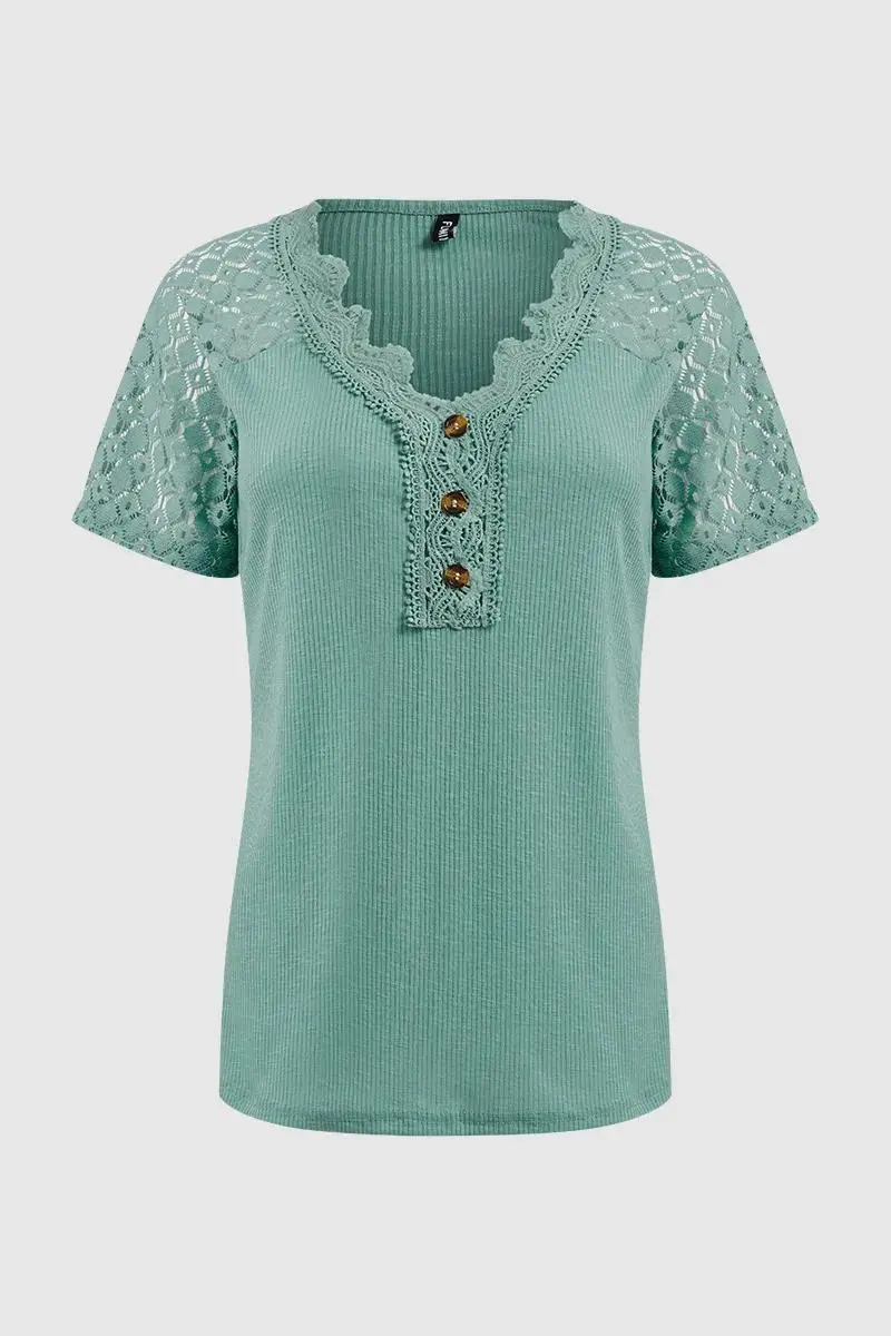 Rib-Knit Contrast Lace Button Detail Short Sleeve T-Shirt