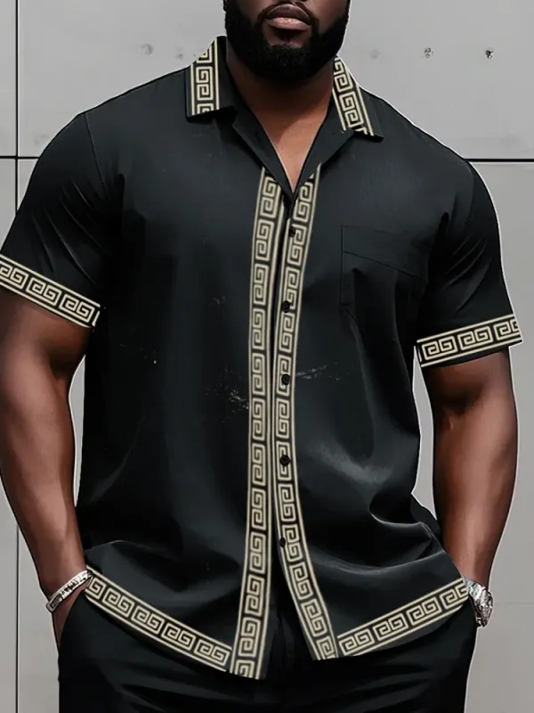 Big Man'S Retro Daily Casual Edge Color Block Printing Short Sleeve Shirt Shorts Suit