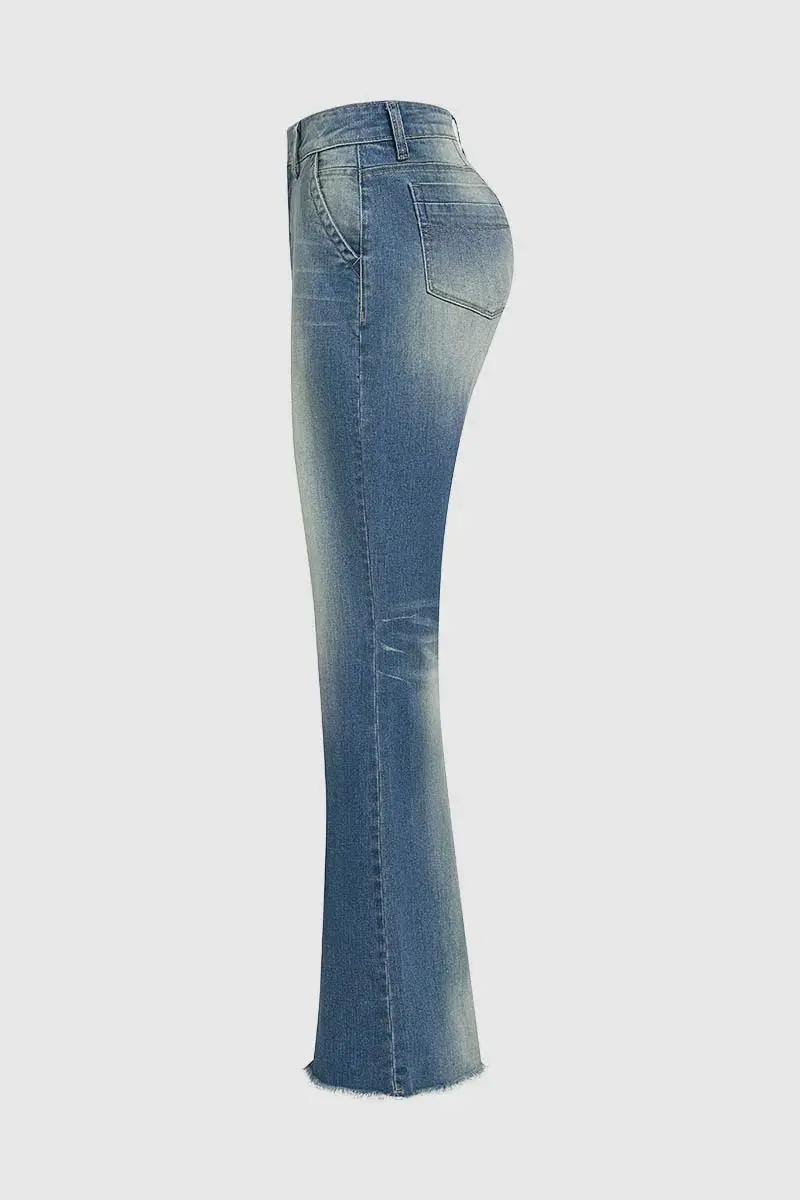 Slant Pocket Raw Hem Low Waist Flare Jeans