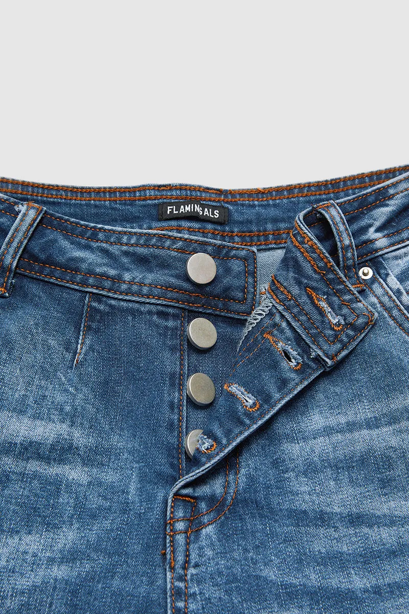 Button Fly Raw Hem Mid Waist Denim Mid Thigh Shorts