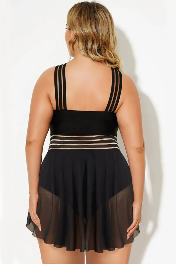 Black Crossover Mesh Vintage One Piece Swimsuit