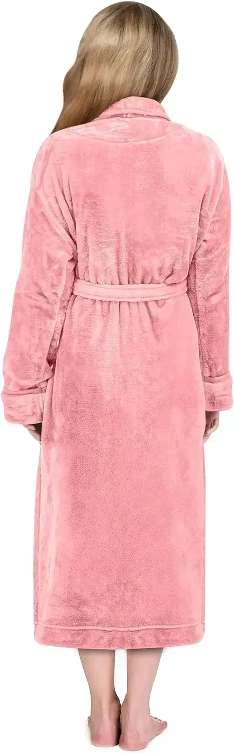 Women Fleece Shawl Collar Bathrobe - Plush Long Robe
