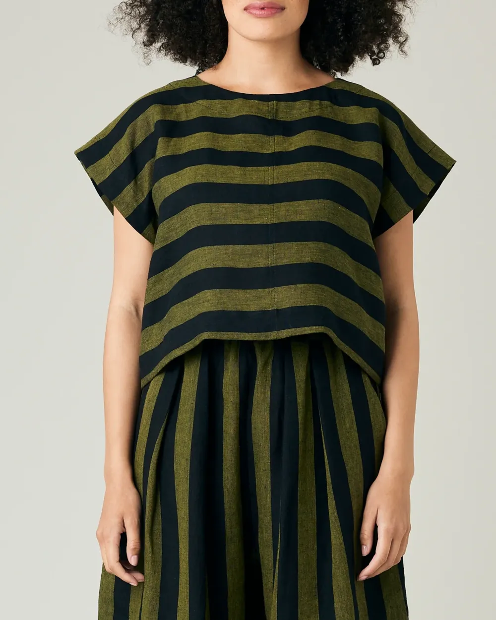 BLACK & OLIVE STRIPE LINEN TOP