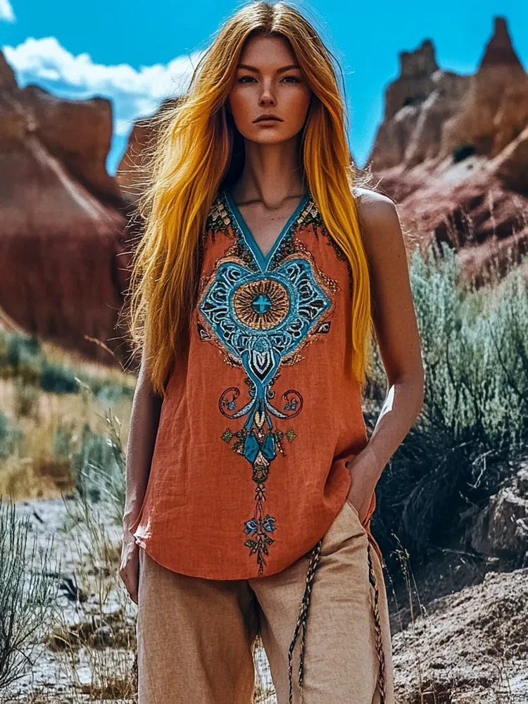 Vintage Tribal Dreamcatcher Embroidered Women's Linen T-shirt