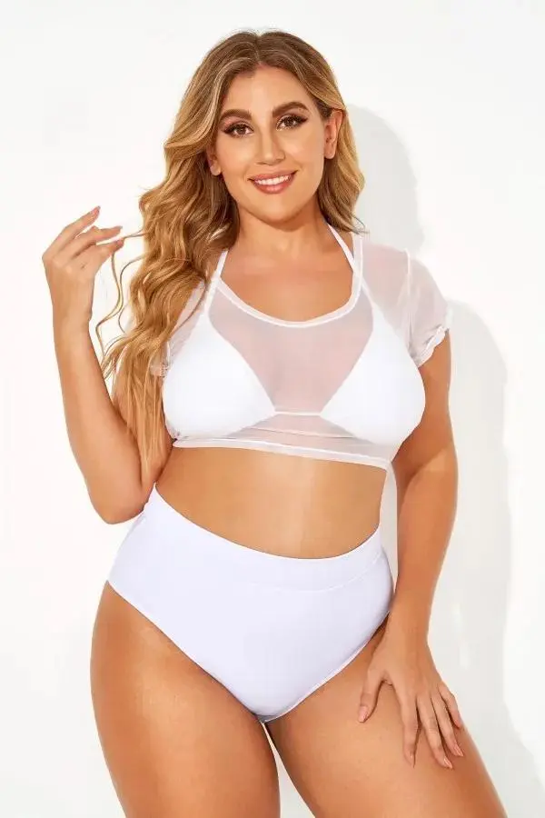White Self-tie Halter Straps Mesh Crop Bikini Top