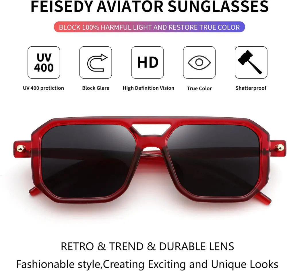 FEISEDY Vintage Square 70s Flat Aviator Sunglasses Women Men Classic Retro Stylish Frame UV400 Sunglasses B2622