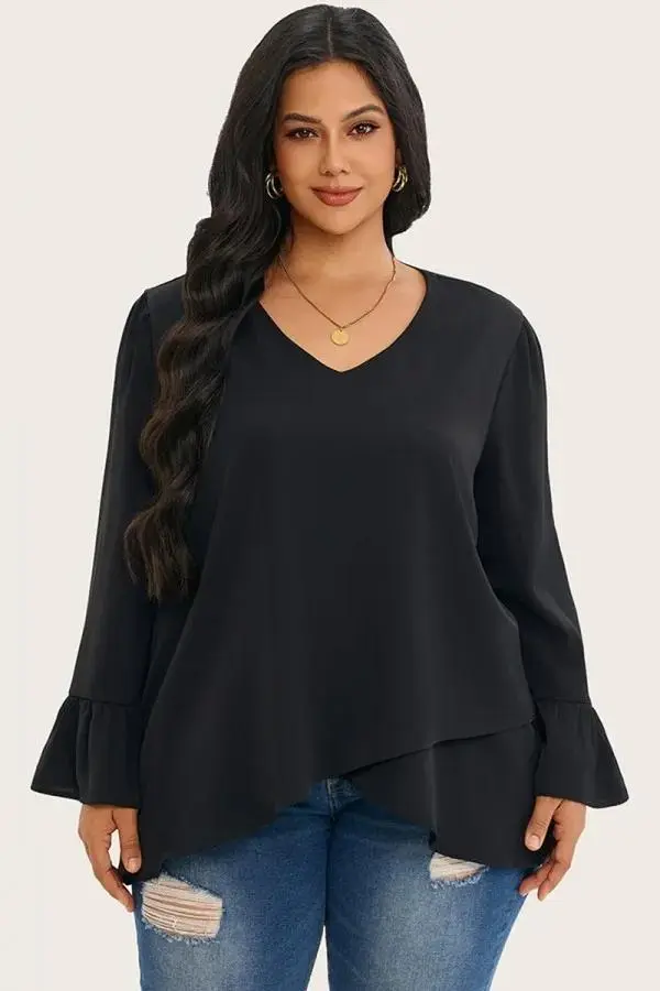 Black Asymmetrical Ruffles Sleeve Crisscross Hem Blouse