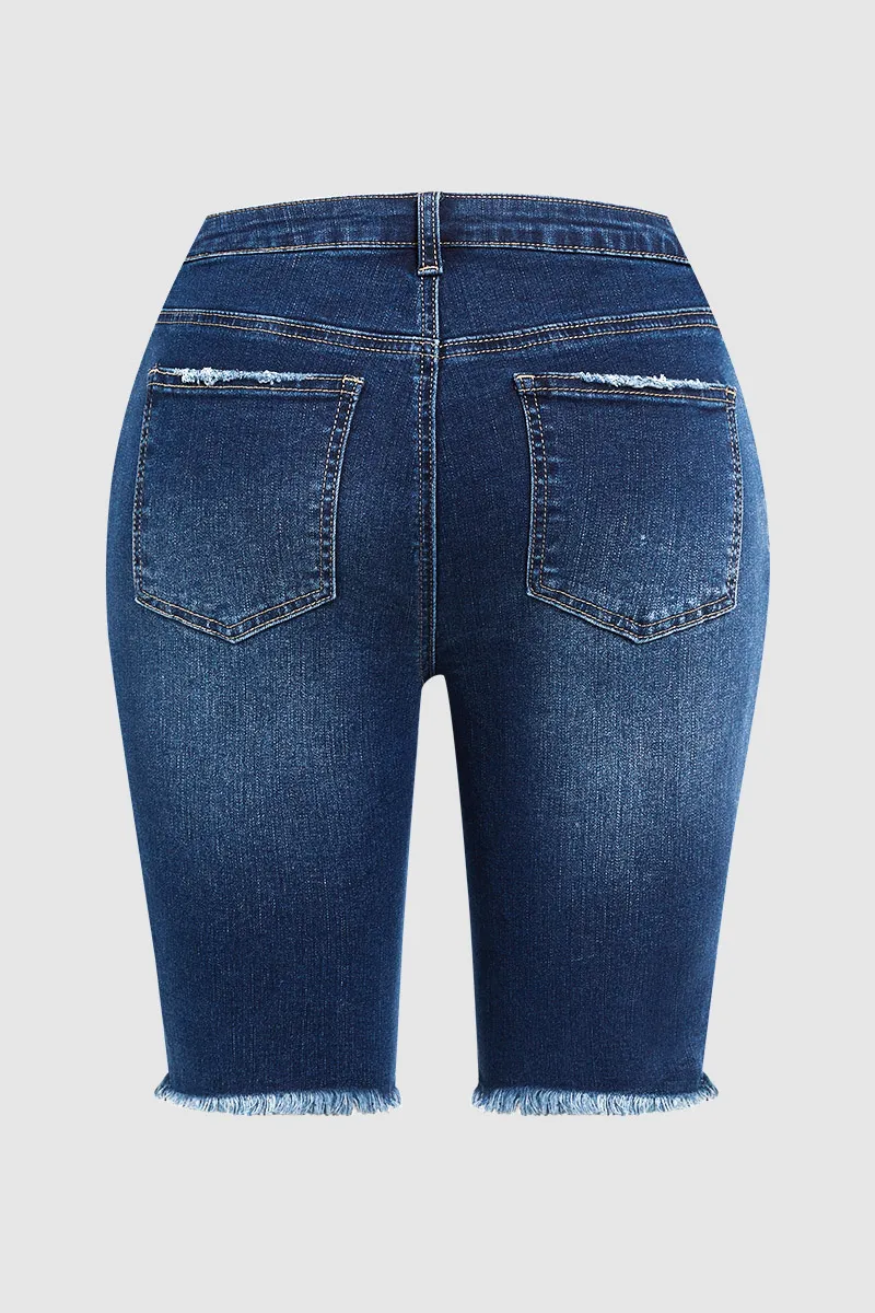 Raw Hem Wash High Waist Skinny Denim Bermuda Shorts
