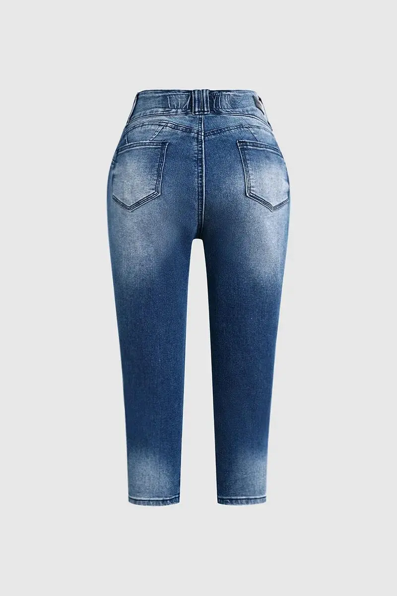 Wash Ripped Double Button High Rise Capri Jeans