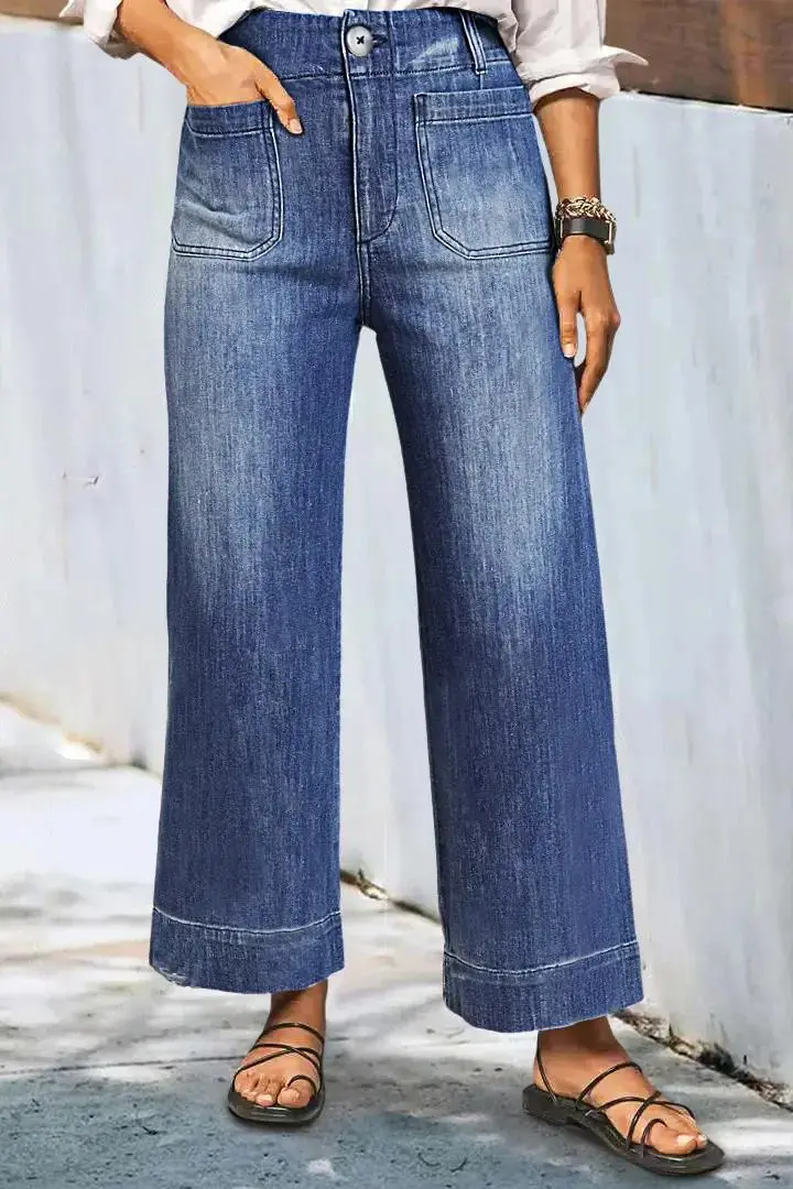 Wash Patch Pocket High Rise Straight Leg Jeans