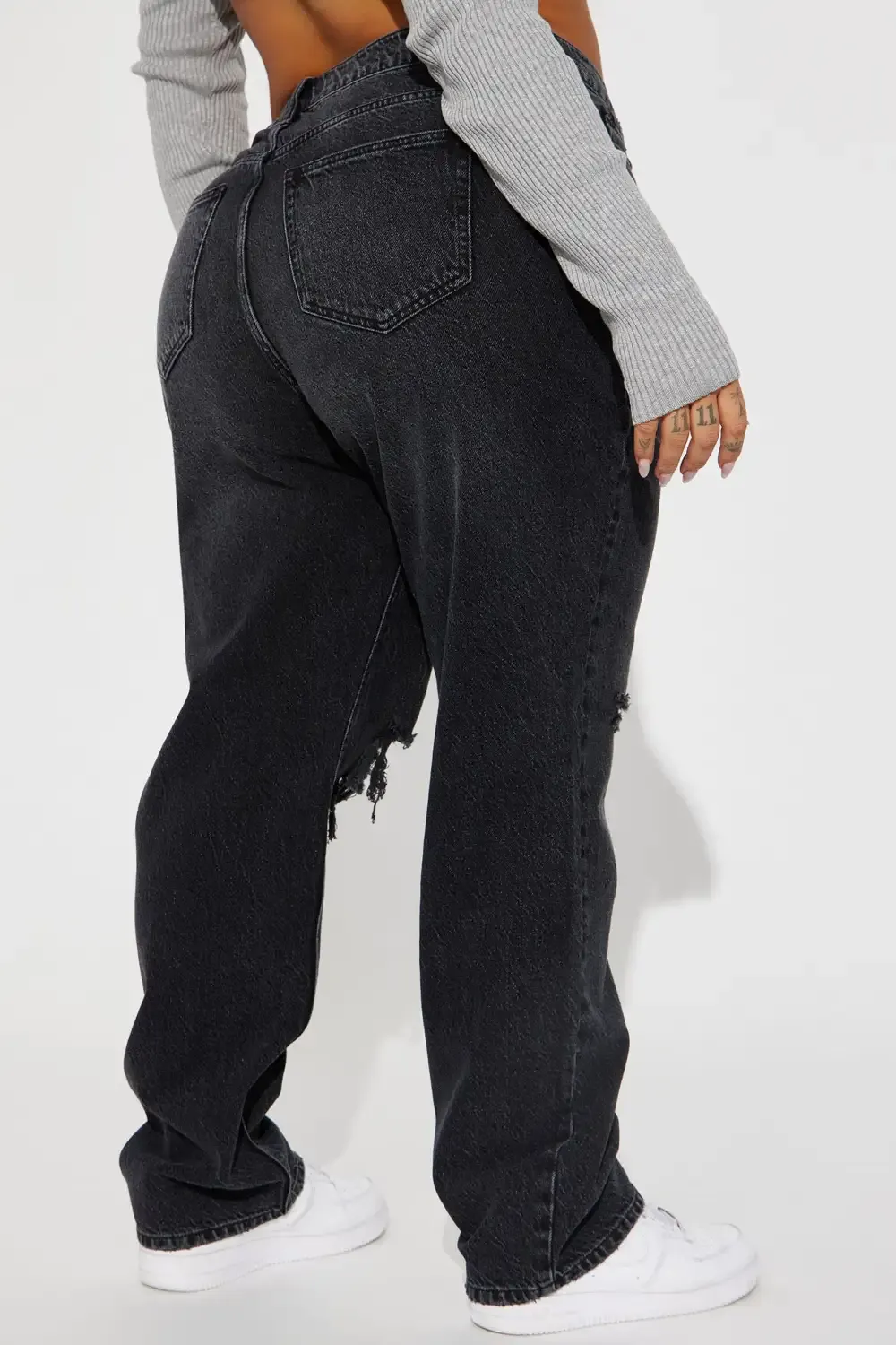 Crossover Ripped Knee Straight Leg Jeans - Black Wash
