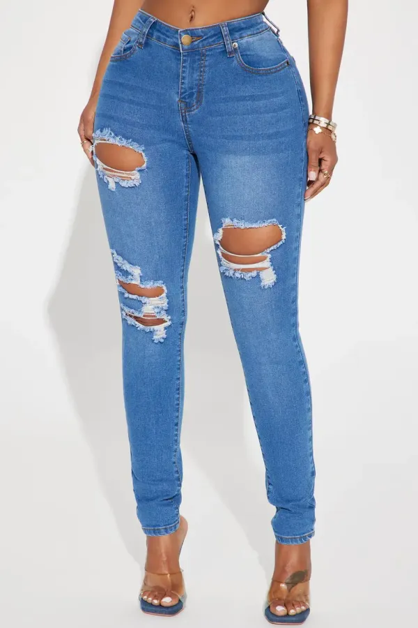 Molly Mid Rise Ripped Stretch Skinny Jeans - Medium Wash