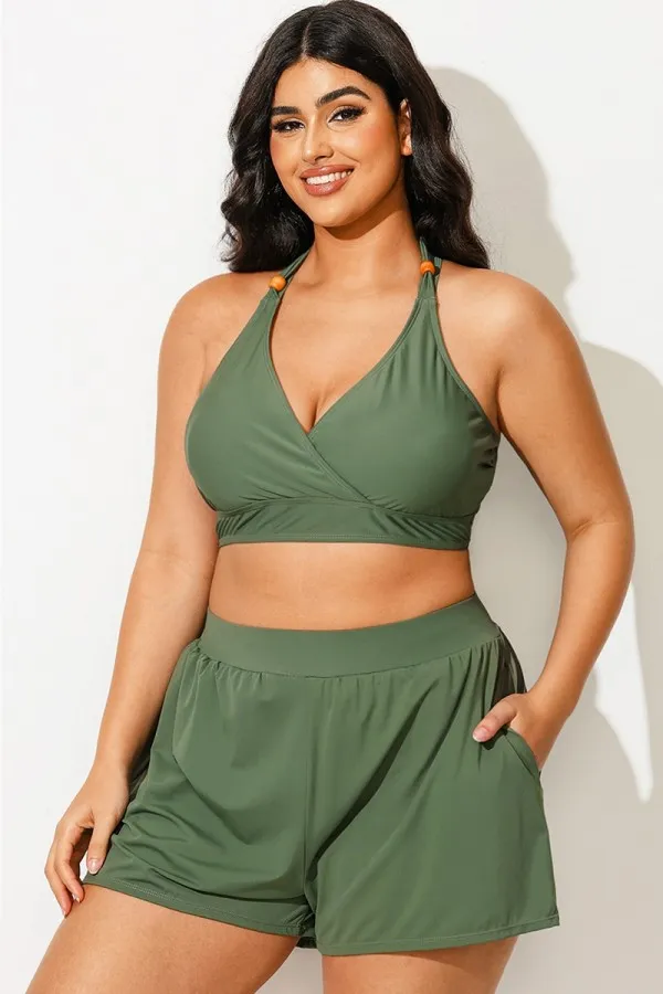 Plus Size Green V-Neck Crossback Bikini Top