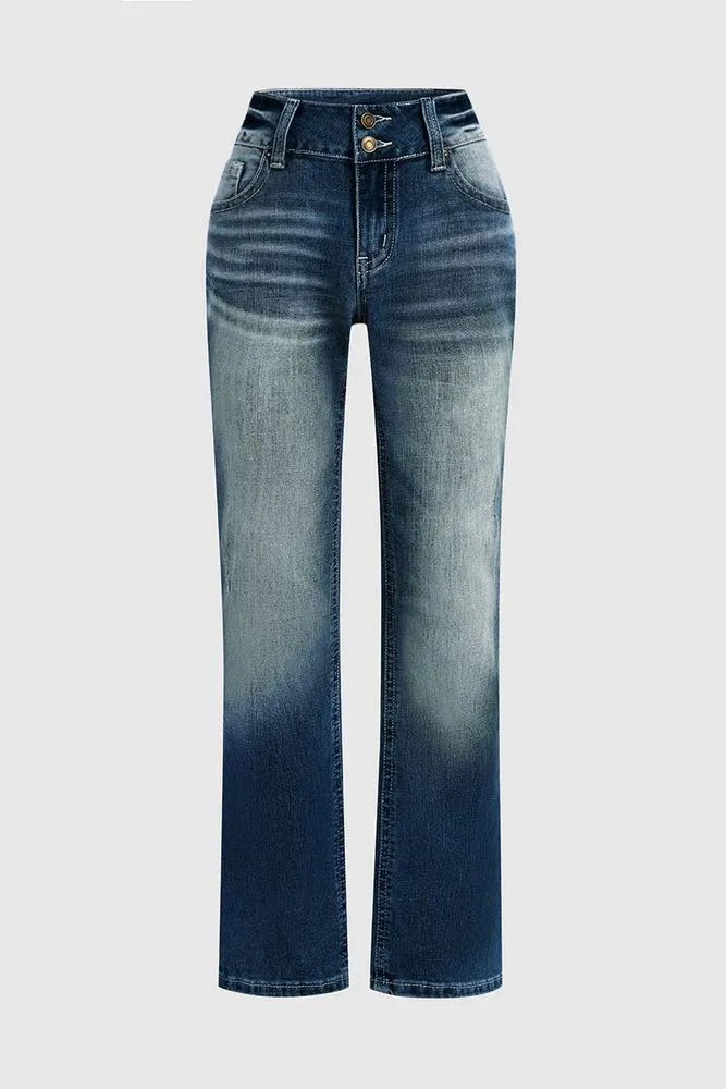 Wash Stretchy Double Button Mid Waist Bootcut Jeans