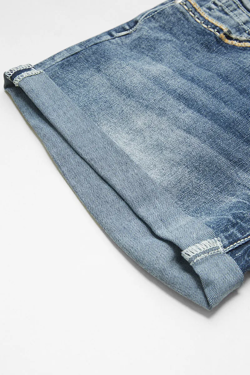 Roll Hem Double Button Mid Rise Denim Shorts
